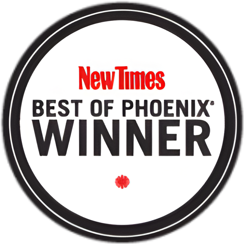 New Times Best of Phoenix Winner badge, a white circle with black text and red accents.