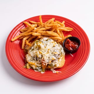Open Face Green Chile Cheeseburger
